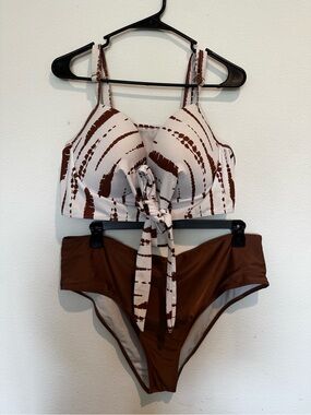 SHEIN White & Brown Tie-Front High-Waist Bikini Set -4xl fits like 2xl
